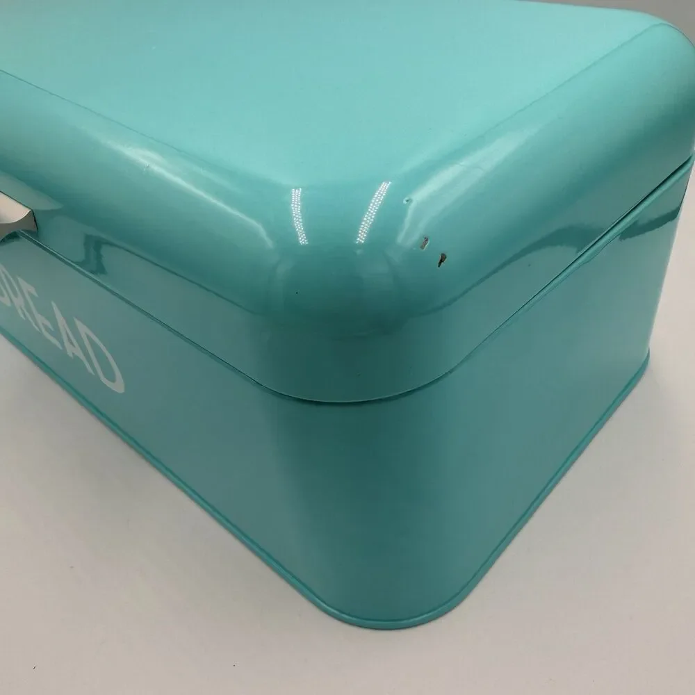 Turquoise Metal Bread Box Hinged Lid Retro Farmhouse Kitchen Storage 16.5”